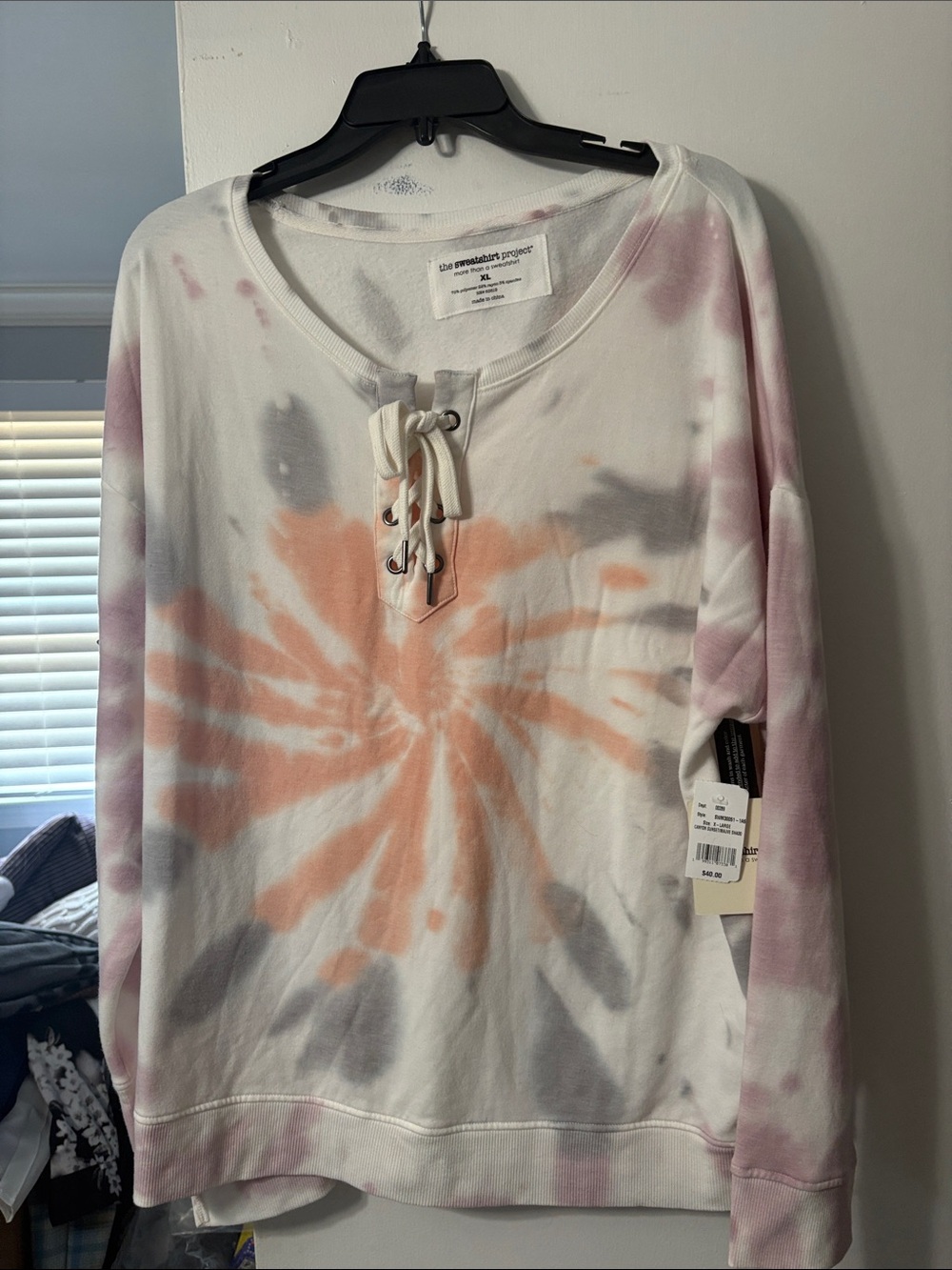 the sweatshirt project Women's Tie-Dye Lace-Up Pullover - Peach & Gray
